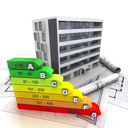 3D rendering of a building in construction with an energy efficiency rating chartの写真素材