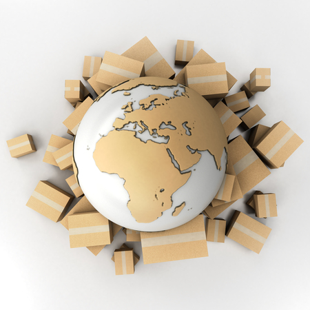 3D rendering of the Earth surrounded by boxes in cardboard textureの写真素材
