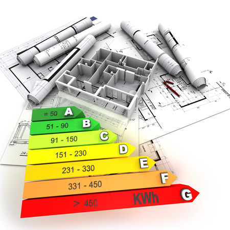 3D rendering of a building in construction, with an energy efficiency rating chart