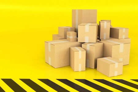 3D rendering of a pile of boxes on a stripped black and yellow background