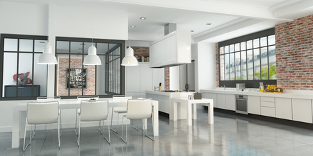 3D rendering of an artist loft with a magnificent integrated kitchenの写真素材