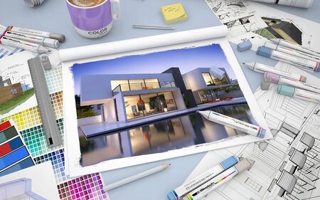 3D rendering of an architects desktop with the image of a luxurious villa with pool markers and ...