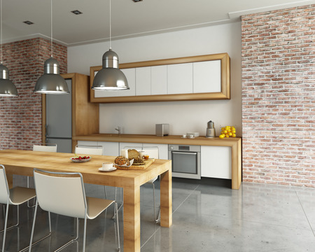 3D rendering of a modern industrial style kitchenの写真素材