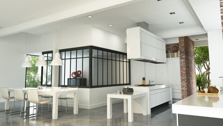 3D rendering of a luxurious industrial style interior with a magnificent integrated kitchenの写真素材