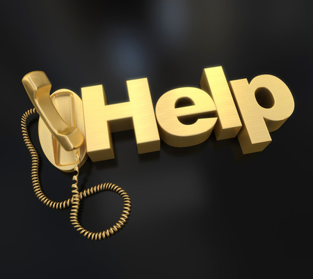 3D rendering of an unhooked golden telephone with the word helpの写真素材