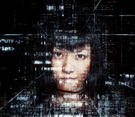 Composition of woman on  a digital environment suggesting cyber security conceptsの写真素材