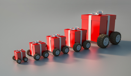 3D rendering of a group of gift boxes with wheelsの写真素材