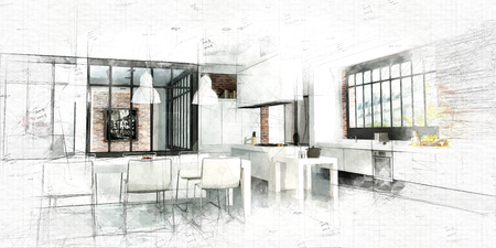 Sketch of an artist loft with a magnificent integrated kitchenの写真素材