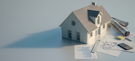 3D rendering of a house with blueprints,  charts, mortgage application form, budget and calculatorの写真素材