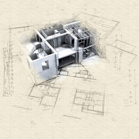 Illustraton of mock up with blueprintsの写真素材