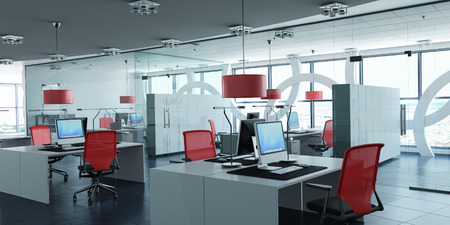 Very realistic 3D rendering of a modern corporate office in white, glass and redの写真素材