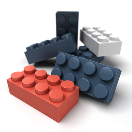 3D rendering of plastic construction blocks in red blue and black
