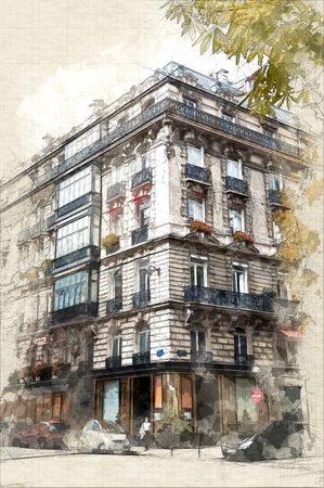 Sketch of a fine spring day on a chic Parisian avenueの写真素材