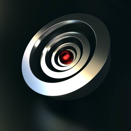 3D rendering of an abstract metallic shape with a sphere surrounded by ringsの写真素材