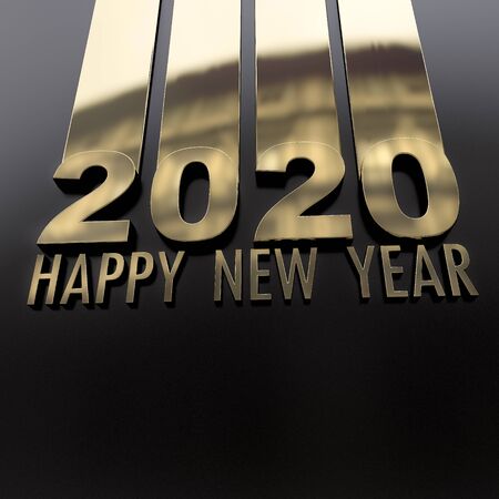 3D rendering, golden sign on black with Happy New Year 2020 message
