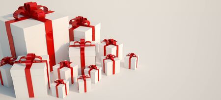 3D rendering of white and red gift boxes with lots of copy spaceの写真素材