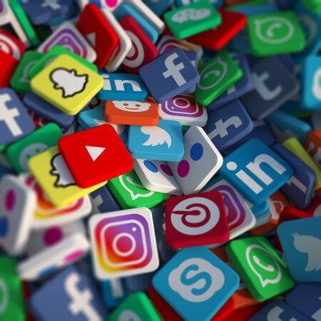 3D rendering of popular social media icons backdrop with lots of copy space