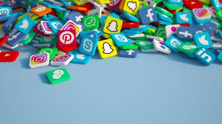 3D rendering of popular social media icons backdrop with lots of copy spaceのeditorial素材