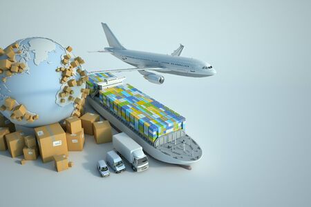 3D  rendering of the Earth surrounded by cardboard boxes, a cargo container ship, a flying plain, a car, a van and a truckの写真素材