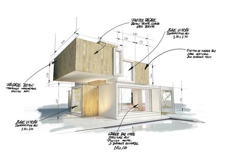 3D rendering of a modern cubic house with notes, measurements and indications