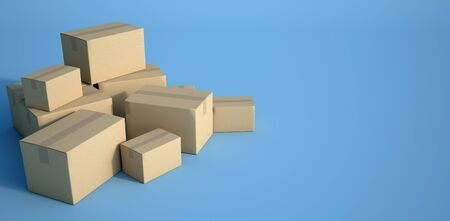 3D rendering of a pile of cardboard boxes on a white backgroundの写真素材