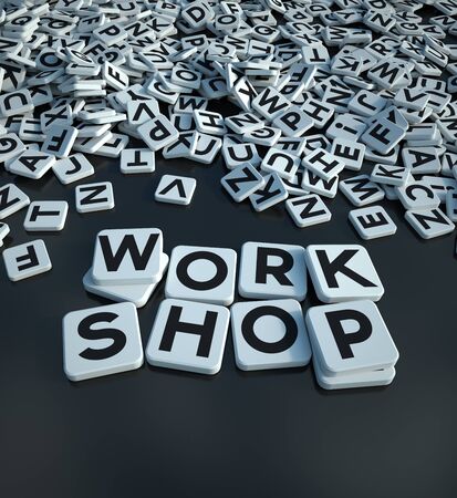 3D rendering of the words work shop written on letter tiles on a black background