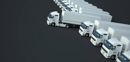 3D rendering of white trucks against a black background, aerial viewの写真素材