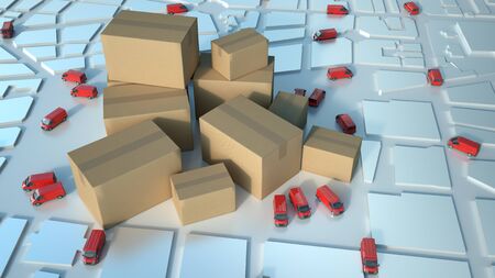 3D rendering of a white map with red trucks circulating and a pile of cartons