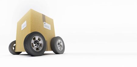 3D rendering of a cardboard box on wheels on a white backgroundの写真素材