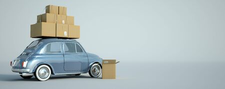 3D rendering of a small retro car carrying lots of boxes on the roofの写真素材