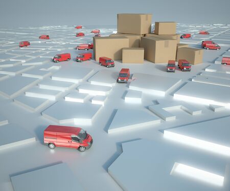 3D rendering of a white map with red trucks circulating and a pile of cartons