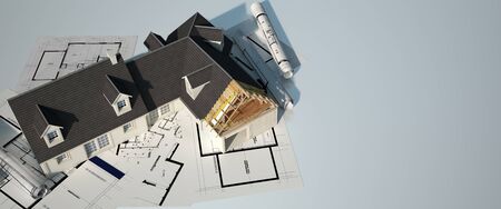 3D rendering of a classical house with an unfinished part on top of blueprintsの写真素材