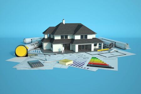 3D rendering of a house model with a family on top of blueprints, energy efficiency charts and other documentsの写真素材