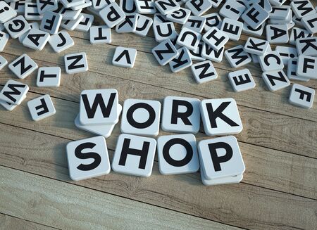 3D rendering of the words work shop written on letter tiles on a wooden parquetの写真素材