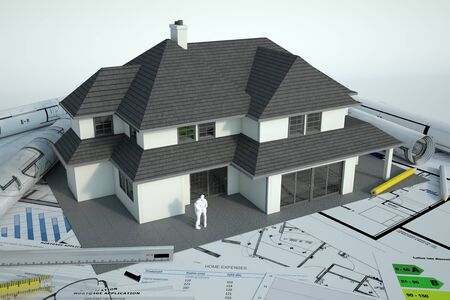 3D rendering of a house model with a family on top of blueprints, energy efficiency charts and other documentsの写真素材
