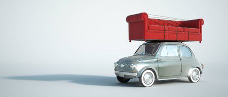 3D rendering of a small retro car carrying a big red sofaの写真素材