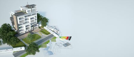3D rendering of a sustainable building architecture model with blueprints, energy efficiency chart...