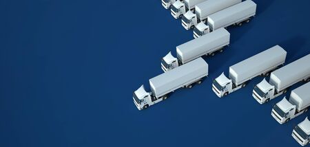 3D rendering of white trucks against a blue background, aerial viewの写真素材