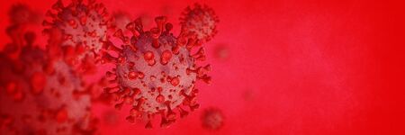 3D rendering of red Coronavirus on a red backgroundの写真素材