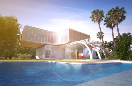 3D rendering of an impressive modern villa with pool and exotic garden