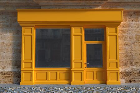 3D rendering of a traditional storefront faÃ§ade with yellow wood.の写真素材