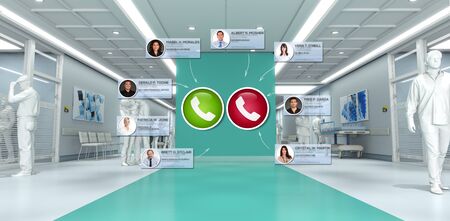 3D rendering of a hospital interior with contacts connecting on a video conference