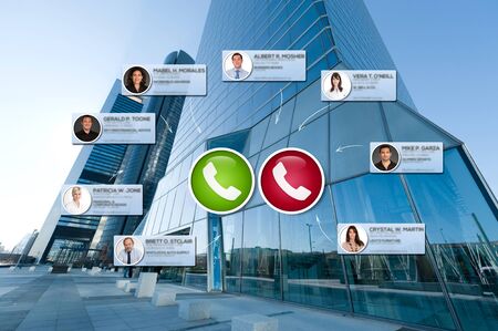 office building exterior with superimposed contacts connection on a video conference
