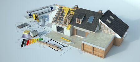3D rendering of a house undergoing amplifying renovations with an energy chart, blueprints and other...