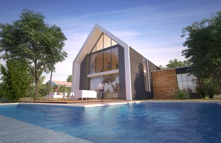 3D rendering of a bright modern pitched roof villa with poolの写真素材