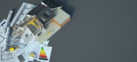 3D rendering of a house undergoing amplifying renovations with an energy chart, blueprints and other...
