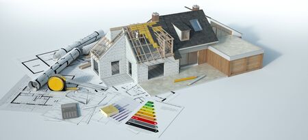 3D rendering of a house undergoing amplifying renovations with an energy chart, blueprints and other documentsの写真素材