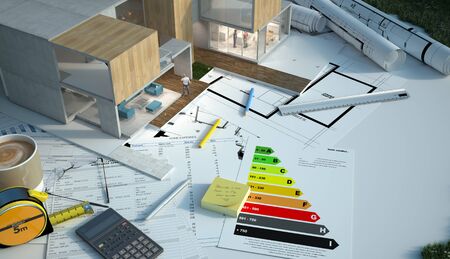 3D rendering of a designers house with blueprints, energy chart and other documents in the...
