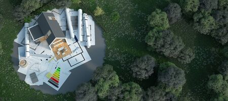 3D rendering  of a house with blueprints, energy charts and other documents in a fieldの写真素材