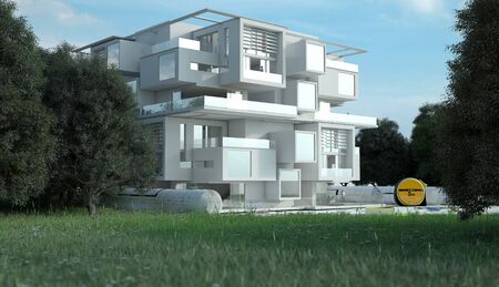 3D rendering  of a house with blueprints, energy charts and other documents in a field